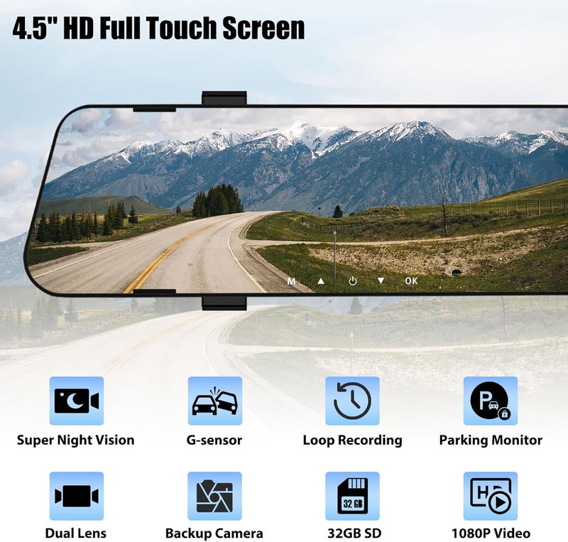 AMprime Mirror Dash Cam for Cars,4.5" Rear View Mirror 1080P Front and Rear View Dual Cameras,Super Night Vision,Parking Assistance,G-Sensor,24H Parking Monitor,Waterproof Backup Camera Free 32GB Card - Image 2